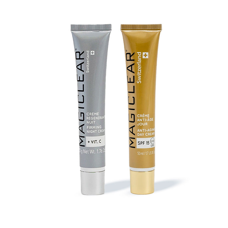 Duo Magiclear Suisse cremes jour et nuit, routine anti-age visage, peau plus ferme et lumineuse, Riviera Cosmedics France
