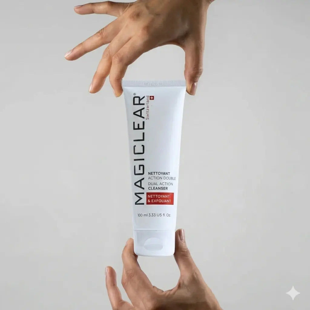 Mains tenant le gel nettoyant exfoliant Magiclear Action Double, soin de la peau suisse pour un visage net et purifié