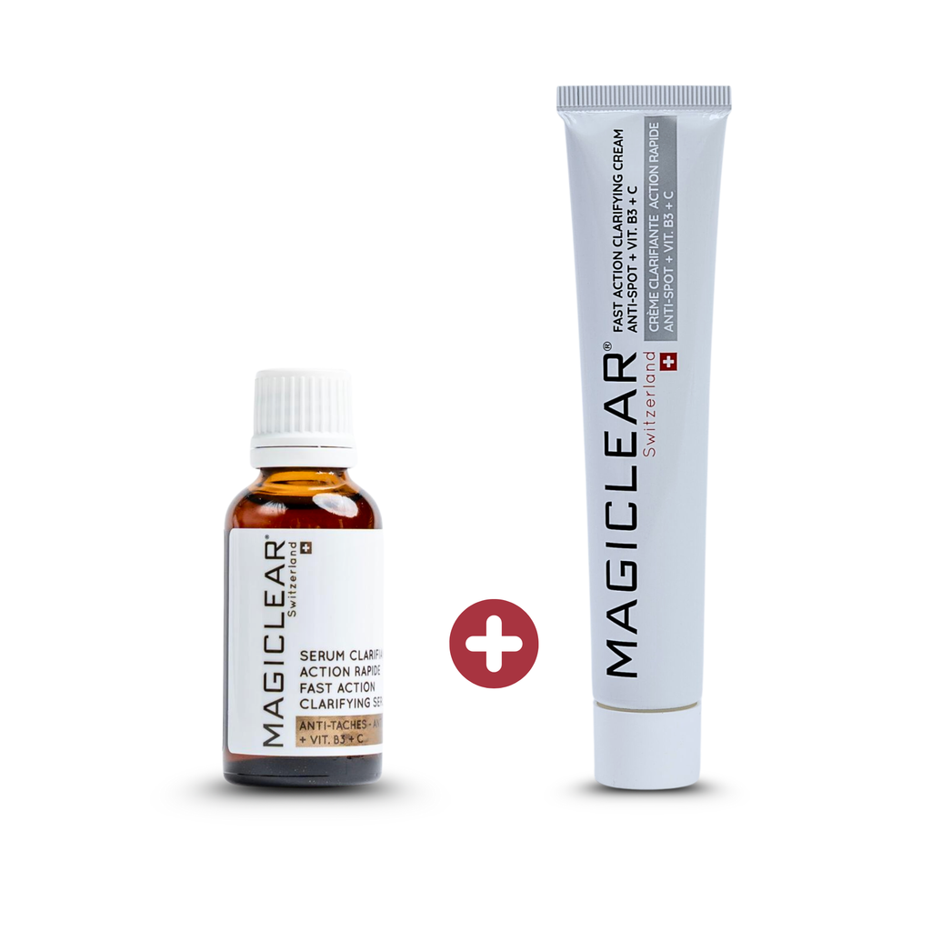 Duo Magiclear Suisse serum clarifiant + creme clarifiante action rapide, routine visage anti-taches, RivieraCosmedics France
