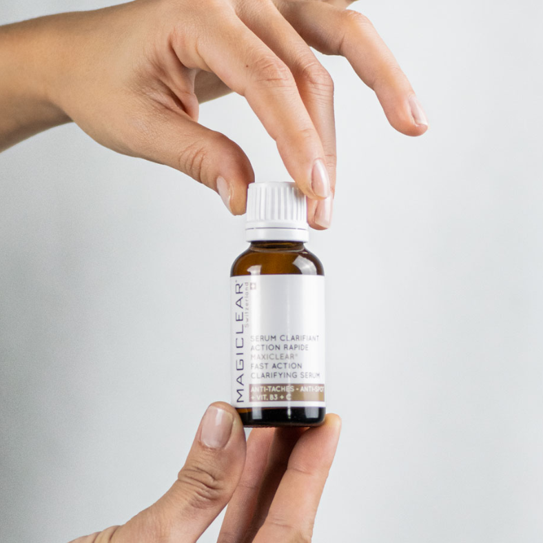 Sérum clarifiant Magiclear Suisse action rapide, atténue taches brunes, boost éclat, routine visage, disponible en France